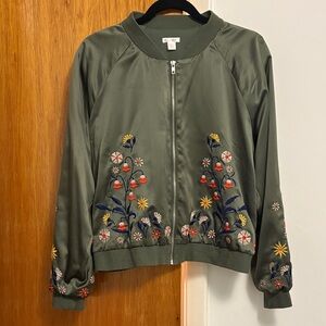 Xhilaration Olive Bomber Jacket with Floral Embroidery